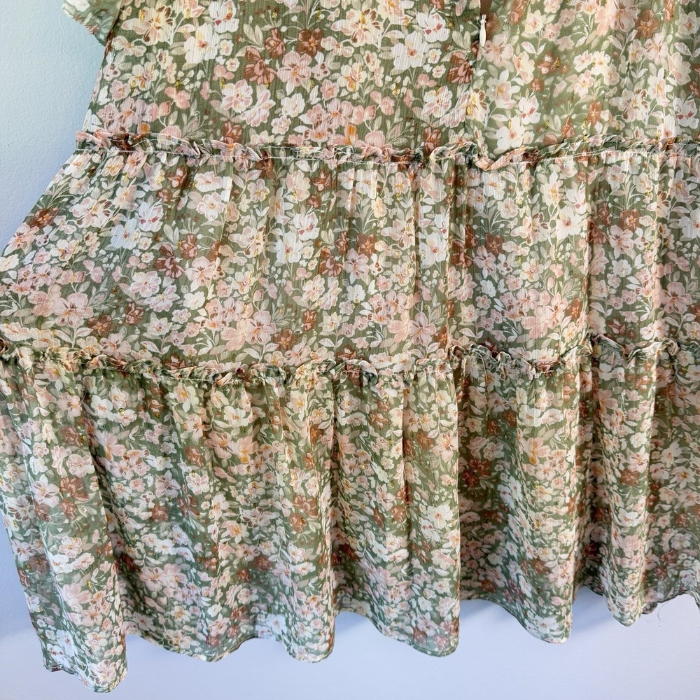 Karlie Floral Smocked Tiered Mini Dress Sage Green Cottagecore Boho Size L $119 - Picture 8 of 9